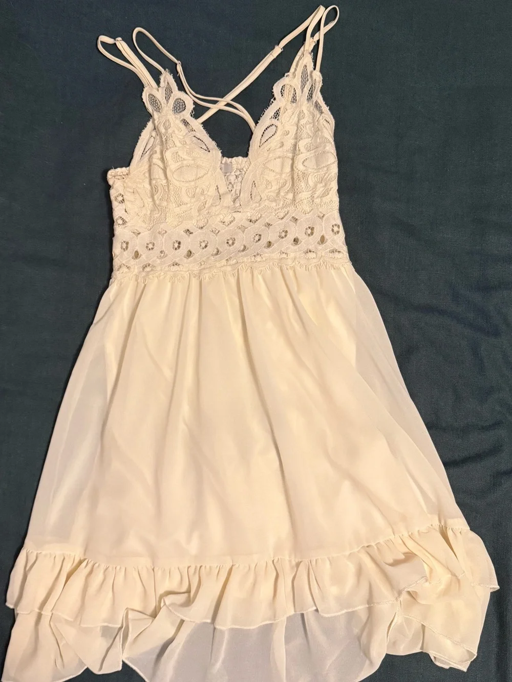 Off White Lace Bodice Ruffle Hem Dress